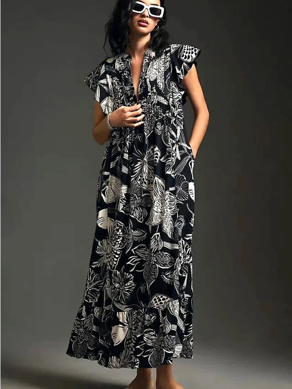 Anthropologie Black & White Floral Maxi Dress - Picture 1 of 4